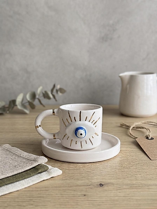 24K Altın Detaylı El Yapımı Göz Nazar Boncuğu Türk Kahve Fincanı