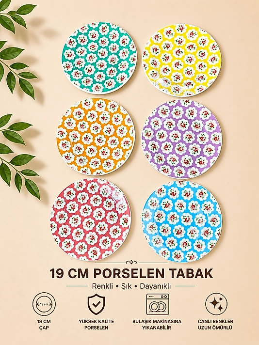 Vintage Seri Altı Kişilik Porselen Pasta Tabağı (19 cm)
