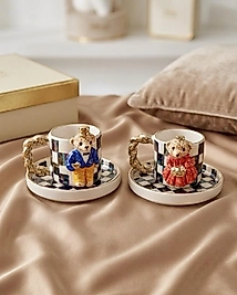 İki Kişilik 24K Altın Detaylı Lüsterli El Yapımı Teddy Bear Türk Kahvesi Fincanı