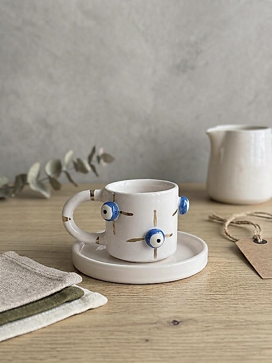 24K Altın Detaylı El Yapımı Küçük Nazar Boncuğu Türk Kahve Fincanı