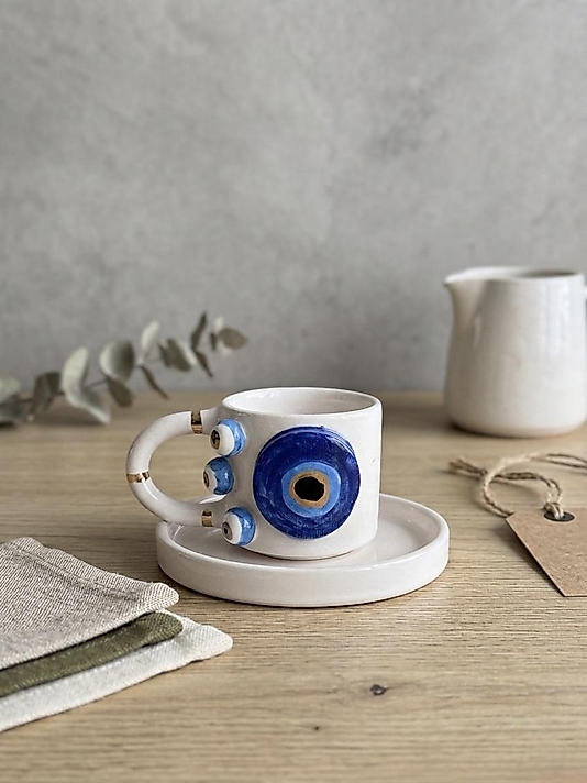 24K Altın Detaylı El Yapımı Büyük Nazar Boncuğu Türk Kahve Fincanı