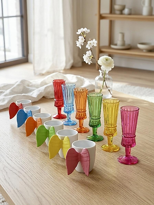 Altı Kişilik Silikon Kanatlı Melek Fincan ve Kahve Yanı Kadeh Seti