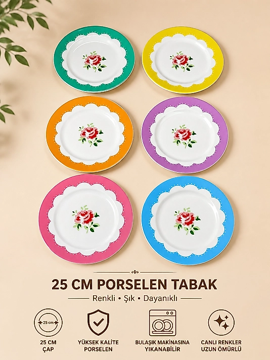 Vintage Seri Altı Kişilik Porselen Servis Tabağı (25 cm)